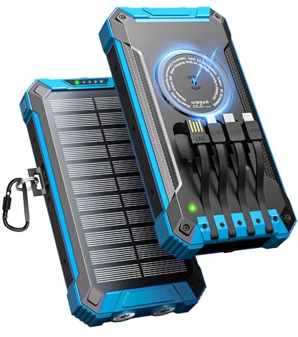 Power Bank Solare 26800mAh con 4 Cavi, Caricabatterie Solare Portatile Wireless Power Bank USB-C 15W Ricarica Rapida 6 Uscite 3 Ingressi per Telefono, Batteria Esterna con Torcia, Moschettone
