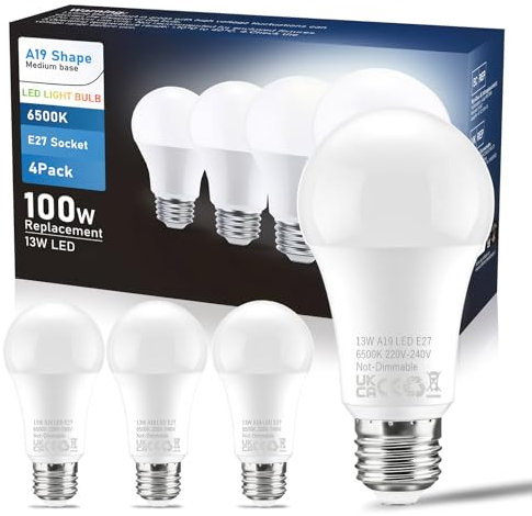 Lampadine LED E27 Luce Fredda, 13w 1500lm Lampadina(Equivalenti a 100w),Risparmio Energetico 90%,Niente Dimmerabile,180°angolo Del Fascio, 6500k Lampadine LED Luce Fredda, A19 Lampada LED , 4 Pezzi
