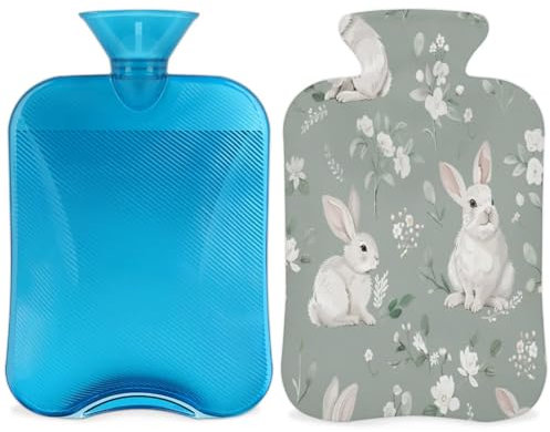 Easter Bunny Hot Water Bottle with Cover, Rabbit Floral 2L Hot Water Bag for Pain Relief, Neck and Shoulder, Hand Feet Warmer