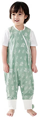 Duomiaomiao Baby Schlafsack mit Füßen, 1.0 Tog Kinder Ganzjahres Frühling Schlafsack,100% Baumwolle Schlafsack Baby, Jungen Schlafdecke mit Beinen(65CM/Grünes Blatt)