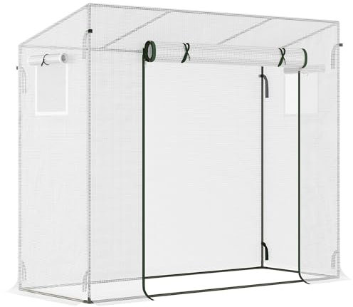 Outsunny Serre de Jardin PE, Serre de Balcon, bâche renforcée 140 g/m², châssis en Acier, Porte zippée Enroulable, pour légumes Plantes Fleurs, intérieur et extérieur, 200 x 76 x 168 cm, Blanc