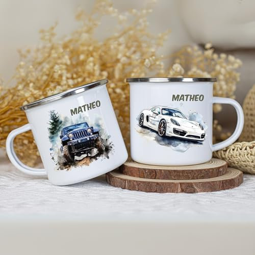 wolga-kreativ Emaille Tasse Rennauto personalisiert mit Namen - Robuste Kinder Tassen, BPA-frei, Spülmaschinenfest Kinder Becher - Personalisierte Geschenke Baby Zur Taufe, Geburt, Weihnachten
