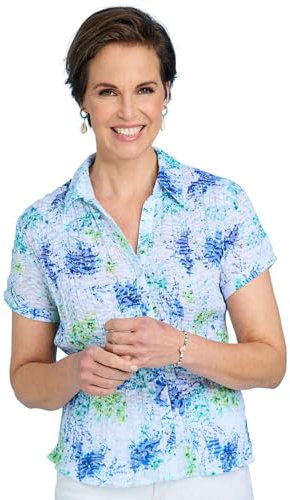 Chums Ladies Crinkle Burnout Print Blouse – Lightweight Short Sleeve Button-Through Top with Embroidered Detail Green Blue 12