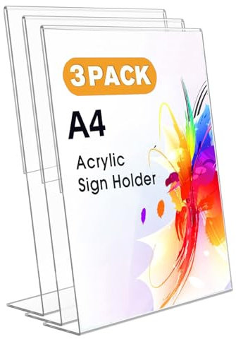 A4 Acrylic Sign Holder, 3 Pack Clear Display Table Sign Stand, L-Shape Plastic Message Board Stand for Exhibition, Office, Store, Restaurant