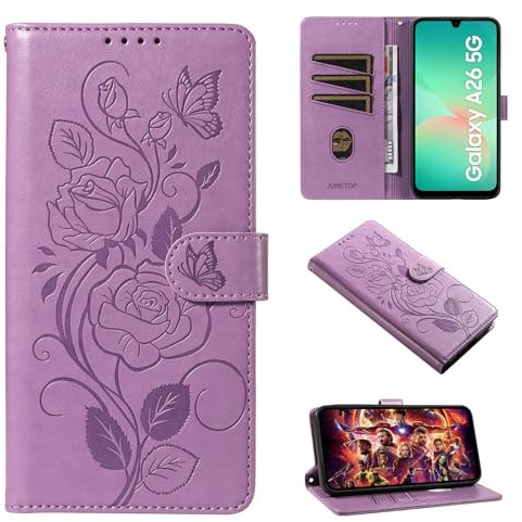 JUNETOP Cover per Samsung Galaxy A26 5G, Custodia a Libro Portafoglio Flip in Pelle PU [Protezione RFID] - Lilla