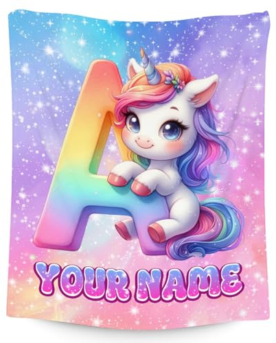 GiftoFLUX Einhorn-Decke – Personalisierte Mädchen-Decke mit Namen für Kinder – Individuelle Monogramm-Geschenke für die Tochter – Plüschige weiche Fleece-Decken – 4 Größen