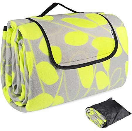 Truevaste Picknickdecke 200x200 cm, Wasserdicht Stranddecke XXL, Faltbar Campingdecke Fleece Wärmeisoliert Unterseite mit Aufbewahrungsbeutel für Outdoor Camping Strand, Grün Blattmuster