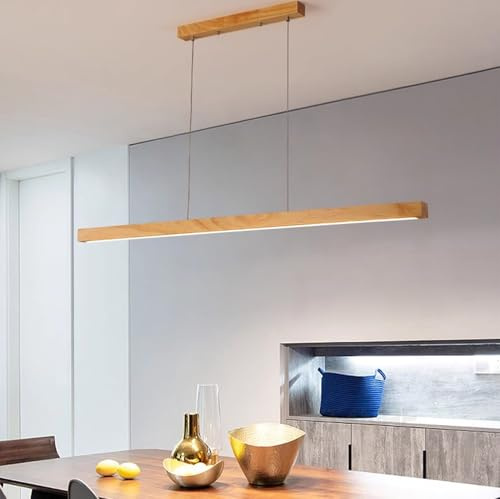 XIANHE Esstischlampe Holz LED Pendelleuchte Dimmbare Hängelampe Mit Fernbedienung Deckenleuchte Für Küchen Insel Esszimmer Wohnzimmer Bar Hängend Lampen Modern Linear Höhenverstellbare (Holz, L120cm)