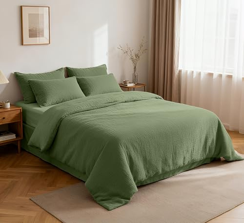 Fredesign Musselin Bettwäsche 200x220 cm 5-teilig Hellgrün | 100% Baumwolle, verdichteter Musselin, atmungsaktiv, weich, 5-teilig: 1×200x220 + 2×80x80 + 2×40x80, OEKO-TEX