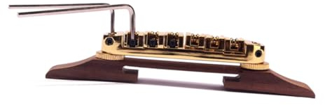 Archtop Gitarrenbrücke B-22 mit Goldenen Rollensätteln | Einstellbar mit Rad und Pfosten, Selbstjustierende Basis, Metall und Holzausführung