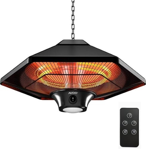 AVOID Terrassenheizung Elektrisch SHL-2000BR – 2000W Infrarot Hängende Heizung mit Fernbedienung & LED Beleuchtung – Leise & Effizient – Für Innen & Außen – Schwarz