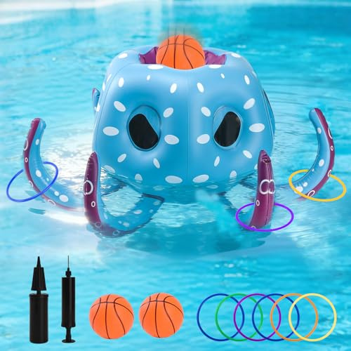 LTFIOON Pulpo Inflable para Piscina 80 cm, 2 en 1 Juego Inflable Flotante con Aro de Baloncesto y Lanzamiento de Anillas, Juego acuáticoinflable para Niños y Adultos - Set Completo