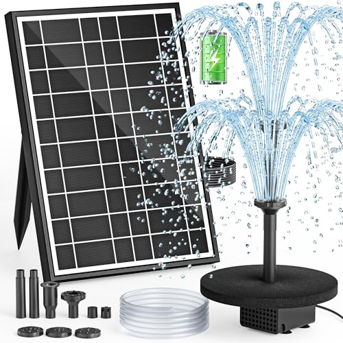PONDIA Solar Fountain Pump with Battery Backup, 8.5W Solar Water Pump Built-in 3400mAh Battery, 7 Spray Modes & 5Ft PVC Tubing with Floating Pad for Small Pond, Garden Water Feature, Bird Bath