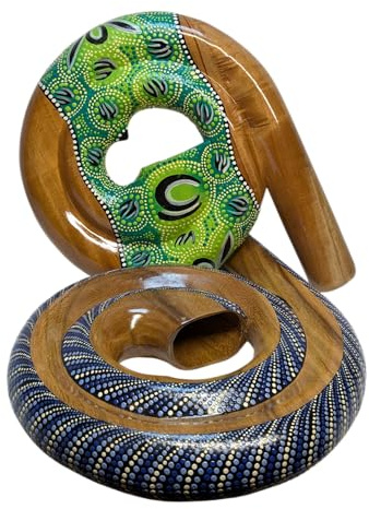 Handgefertigtes Spiral-Reise-Didgeridoo – Fair Trade handgeschnitztes Mangoholz – kompaktes 28 cm rundes Design mit einzigartiger, handgemalter Punktkunst – authentischer professioneller Klang von