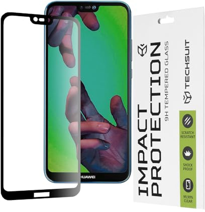 Techsuit Displayschutzfolie für Huawei P20 Lite Gehärtetes Glas mit 9H Härte, Vollständige Abdeckung, Stoßschutz, Oleophobe Beschichtung, Anti Fingerabdruck, Blasenfreie Installation, 111D Full Glue
