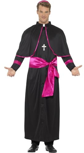 Smiffys Kardinalskostüm, Schwarz, mit Robe, vorgetäuschtem Gürtel, Kopfbedeckung und Kreuzkette