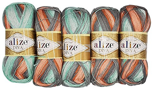 Alize 5 x 100 Gramm Diva Batik Wolle Mehrfarbig mit Farbverlauf, 500 Gramm merzerisierte Strickwolle Microfiber-Acryl (lachs grau Mint 5550)