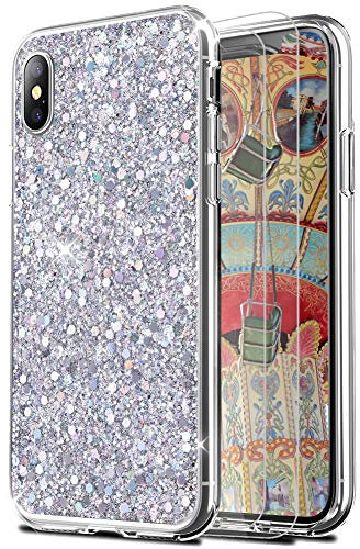 Feyten Cover iPhone XS/iPhone X con Vetro Temperato [2 Pack], Lucciante Brillantini Design TPU Gel Silicone Protettivo Cover Custodia per Apple iPhone XS/iPhone X 5,8 (Argento)