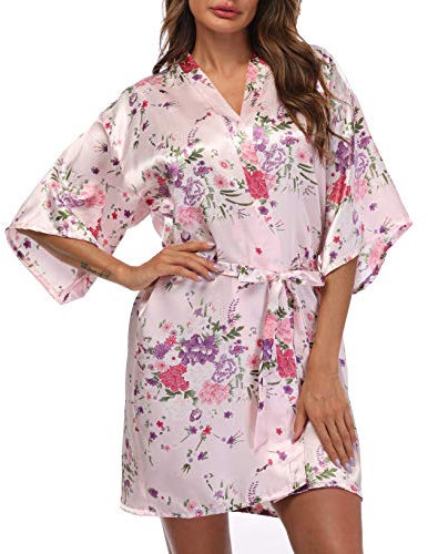 Sueshop Damen Floral Satin Robe Kimono Kurz Robe Seide Braut Robe Hochzeit Party Robe, rose, S
