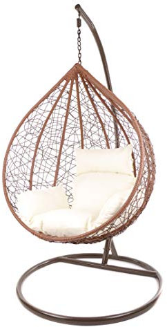 KIDEO Komplettset: großer Hängesessel mit Gestell & Kissen, Korbsessel, Poly-Rattan (Korb & Gestell: braun, Kissen: Elfenbein Nest (0050_Ivory))