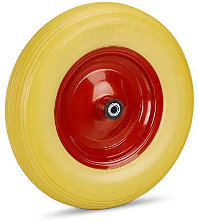 Relaxdays Schubkarrenrad 4.80 4.00-8, Vollgummirad & Stahlfelge, 3 Adapter, Ersatzrad pannensicher, 100 kg, gelb-rot, 39 x 39 x 9 cm