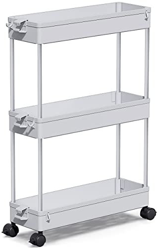SPACEKEEPER Küchenwagen mit 3 Ebenen, Schmale Rollwagen Nischenregal auf Rollen, platzsparendes Badregal und Küchenregal für Küche Büro Bad, 40x13x61cm,Grau
