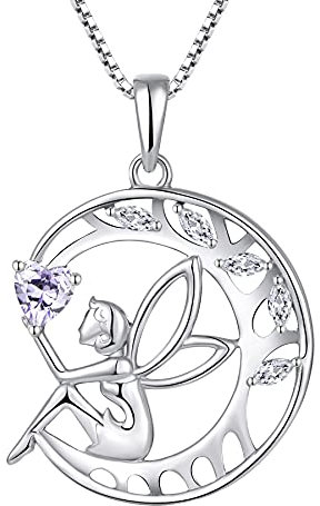 FJ Schutzengel Halskette Damen 925 Sterling Silber Baum des Lebens Kette Anhänger Engel Fee Mond Halskette mit Alexandrit Juni Geburtsstein Schmuck Geschenke für Frauen Mädchen