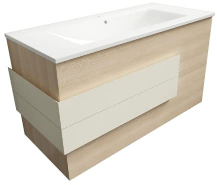 Atrios Modelo Leo Conjunto Baño Estilo Madera con 2 Cajones, Lavabo Porcelánico y Suspendido en Pared, Mueble MONTADO, Laminado Fresno, 100 cm