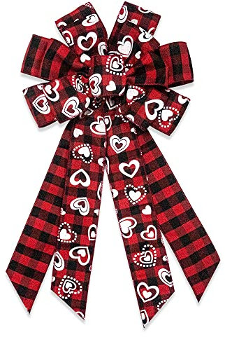 Estivaux Große Valentinstag-Schleifen für Kranz, schwarz-roter Büffelkariert, Schleife, Herz, Schleife, rote Jute, Baumspitze, Schleifen für Haustür, Wand, Valentinstag, Hochzeitsdekorationen, Zubehör