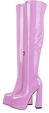Only maker Overknee Stiefel für Damen mit Plateau Blockabsatz Stretch Boots Lackoptik Rosa 44 EU