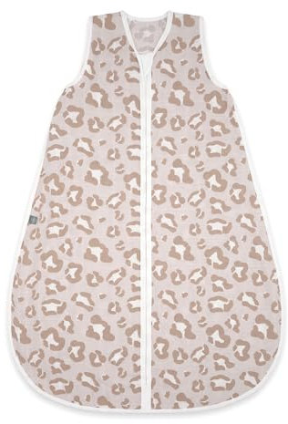 emma & noah Baby Schlafsack 0.5 TOG, Musselin Schlafsack für den Sommer, 100% Bio-Baumwolle, Oeko-TEX Zertifiziert, Atmungsaktiv und Leicht, Strampelsack für Neugeborene (Leo Beige, 90 cm)