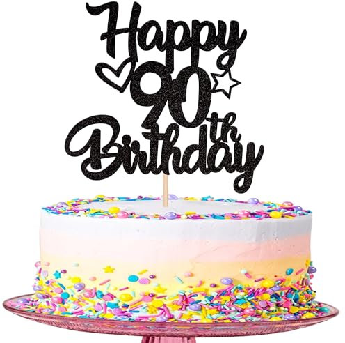 1 Stück Happy 90th Birthday Cake Topper Heart Star 90 Fabulous Tortendeko Prost auf 90 Jahre alt neunzig fabelhafte Tortendekorationen 90 Geburtstag Party Kuchen Dekoendeko Schwarz