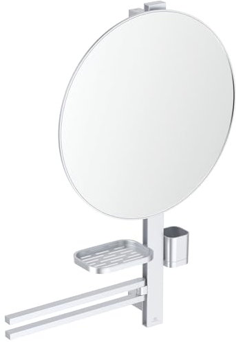 Ideal Standard Alu+ Miroir de courtoisie, Combinaison d'accessoires L, avec Miroir cosmétique Ø 508 mm et étagères réglables, fabriqué à partir d'aluminium recyclé à 84% – Argent (640x145.5x817 mm)
