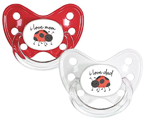 dentistar Silikon Schnuller 2er-Set – Größe 1 Schnuller 0-6 Monate – Zahn- & kieferfreundlicher Nuckel mit Dental-Stufe – BPA-frei – Made in Germany - Marienkäfer, I love mom & dad