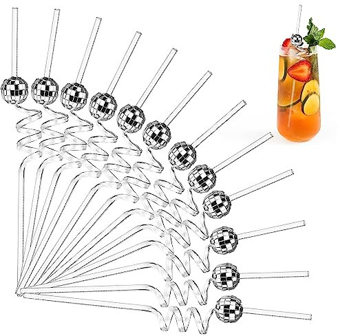 Esteopt 12Pcs Mirror Disco Ball Decorative Party Straws - Disco Theme Cocktail Straws for Wedding Birthday Party Decorations (Silver)