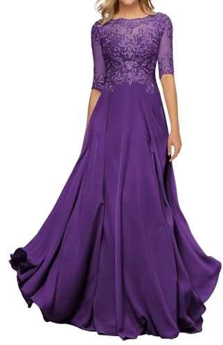 HYEC7 Women's Lace Appliques Mother of The Bride Dresses 3/4 Sleeve Long Formal Evening Dresses A Line Prom Dress Purple
