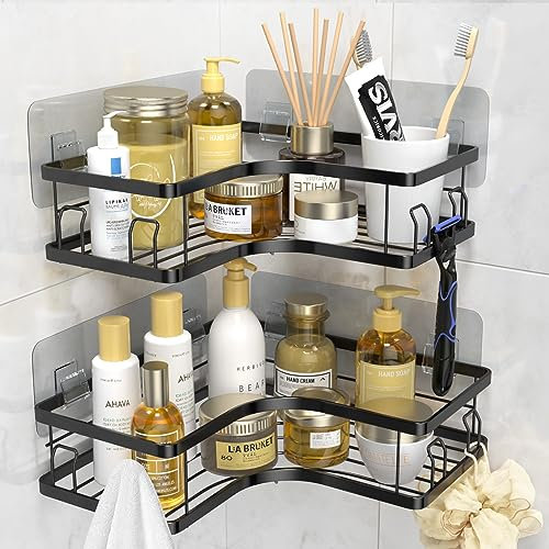 MOSUO Duschablage Ohne Bohren, Duschablage 2 Stück Duschablage Ecke mit 8 Haken und 6 Klebstoff Duschregal Ohne Bohren, Edelstahl Duschregal Küche/Badezimmer Organizer, Schwarz