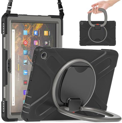 Custodia per tablet Amazon Fire HD 10 (2021) da 10,1 pollici 3 in 1, resistente e robusto, doppio silicone + telaio in plastica rigida con tracolla e cavalletto rotondo - K