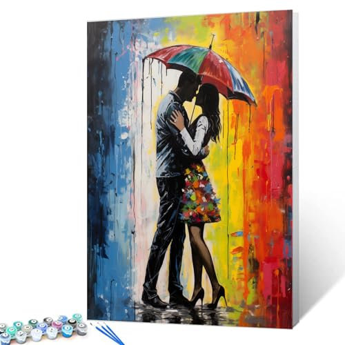 Tucocoo Couple Lover Regenschirm Malen nach Zahlen für Erwachsene, Graffiti DIY Ölgemälde Kits auf Leinwand mit Pinseln und Acrylpigment, Regenbogen Street Art Bild für Wohnkultur 40 x 50 cm