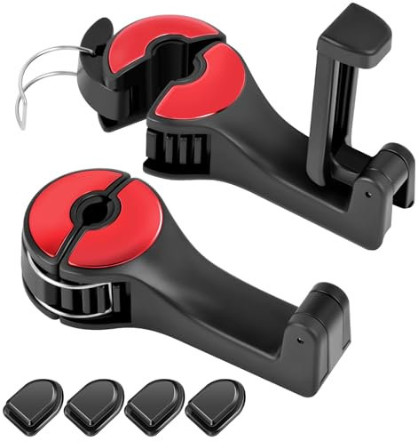 2 Stück Kopfstützenhalterung Auto Haken,2 in 1 Autositzhaken mit Handyhalterung 360° Versteckter Haken Drehbar Einstellbar Multifunktionaler Auto Haken Auto Kopfstütze Handyhalter-Rot