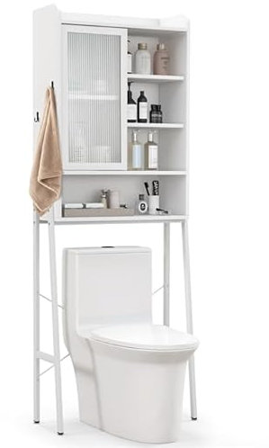 GIANTEX Meuble WC Rangement, Meuble de Salle de Bain avec Porte Coulissante, 3 Étagère Réglables, Meuble Dessus de Toilettes avec 2 Dispositifs Anti-Basculement, 29 x 63 x 170 cm, Blanc