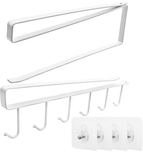 Juyibaao 2 Pcs Cup Hooks Under Shelf White and Kitchen Roll Holder Under Cupboard, Under Cabinet Cup Holder and Kitchen Roll Hanging Rack, Under Shelf Organizer for Home Office Bar