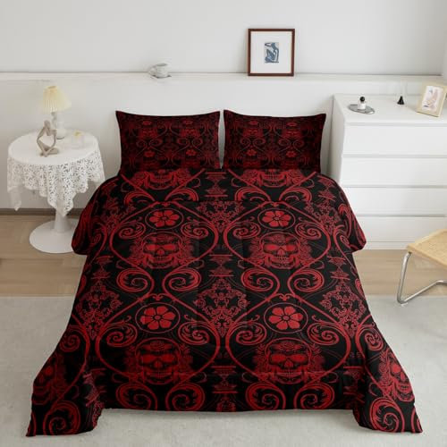Feelyou Adults Red Vintage Damask Floral Comforter Set Oriental Antique Comforter King Size Exotic Sugar Skull Rose Bedding Set Gothic Bohemia Boho Duvet Set Quilt Set 3Pcs