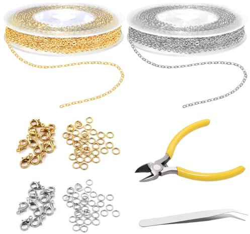 2 Rollen 5M Gliederkette Meterware Kit mit 40 Karabinerverschluss und 100 Biegeringe, Kette Meterware, Kette Basteln For DIY Armband Kette Schmuckherstellung mit Ausstechern, Pinzette (Gold, Silber)