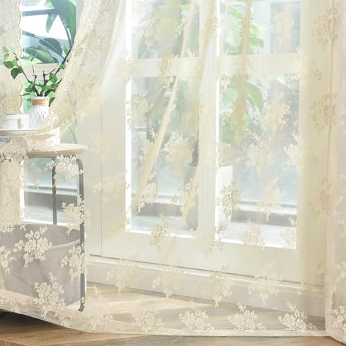 Kotile Tende trasparenti beige lunghe 274 cm, 2 pannelli, rustiche, floreali, vintage, in pizzo trasparente, per soggiorno, con tasca per asta, filtrano la luce e la privacy, tende per finestre, 2,8