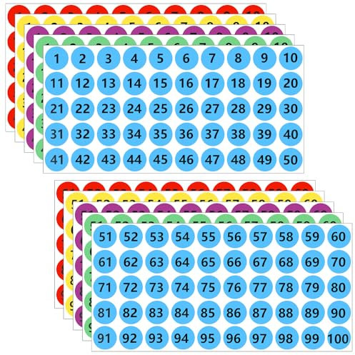 10 Blatt Zahlen Aufkleber 1 bis 100, 5 Farbe Nummer Aufkleber Selbstklebendes Vinyl Klein Nummern Etiketten Aufkleber für Inventarsortierung Organisation Aufbewahrungsboxen, 2,5 cm, 500 Stück