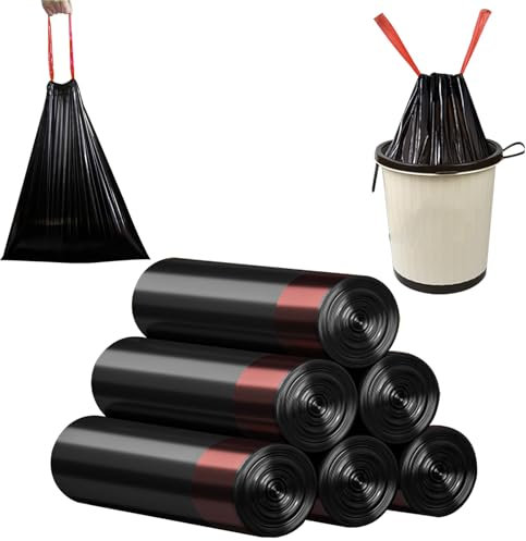Volhuluk 6 Rouleau Sac Poubelle, 90 Pièces Noir Sacs Poubelles avec Cordon Serrage, Haute Résistance Déchirure Sacs Poubelle, Étanchéité Maximale Sac Poubelle 12l(15 Pièces par Rouleau)