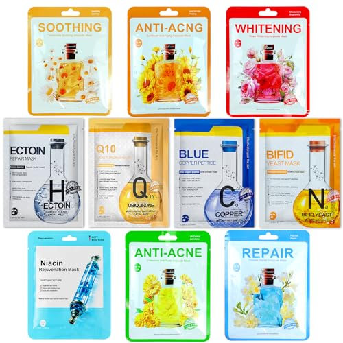 10 pièces Masques pour le visage aux hydratants et apaisants,Masques Tissu De Beauté,Pour La majorité Types de Peaux,Masque Hydratant Visage,Pour Peaux Sèches,Masque Hydratant Visage Nourrissants