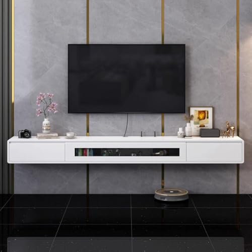Meuble TV Flottant 120/140/160/180/200/220/240cm Etagères TV Murales avec Portes Et 2 Tiroirs Meuble TV Minimaliste Suspendu en Bois Massif Laqué for Le Salon Et Le Bureau(Blanc,120cm/47.2in)