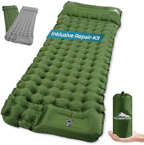 Steinwood Isomatte Outdoor, Isomatte Ultraleicht mit Reparaturset, Aufblasbare Luftmatratze - kleines Packmaß, Wetterfeste Outdoor Matratze für Wandern, Camping, Zelten & Festivals, Grün